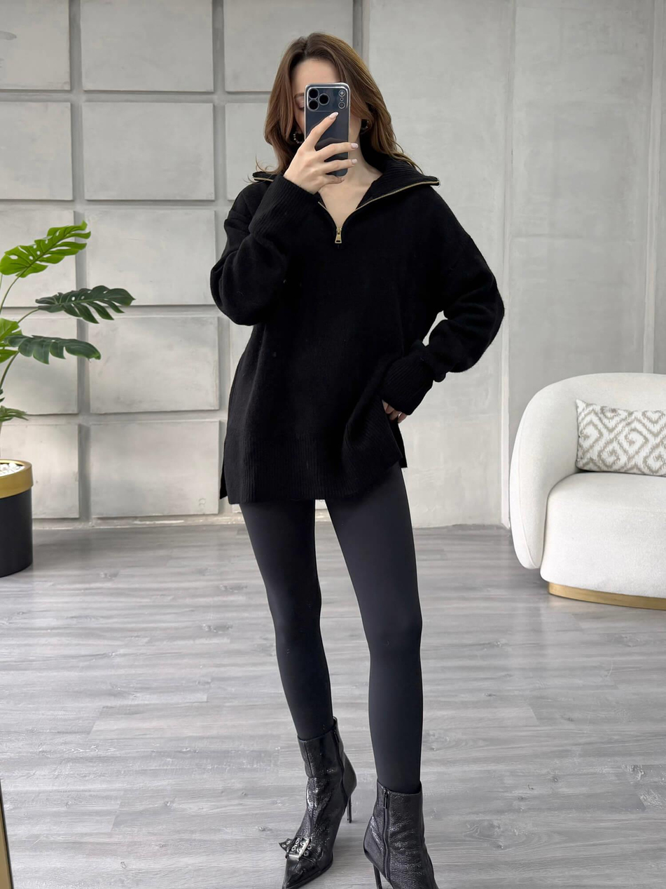 Balon Kol Yarım Fermuarlı Kazak 75307 SiyahCoral