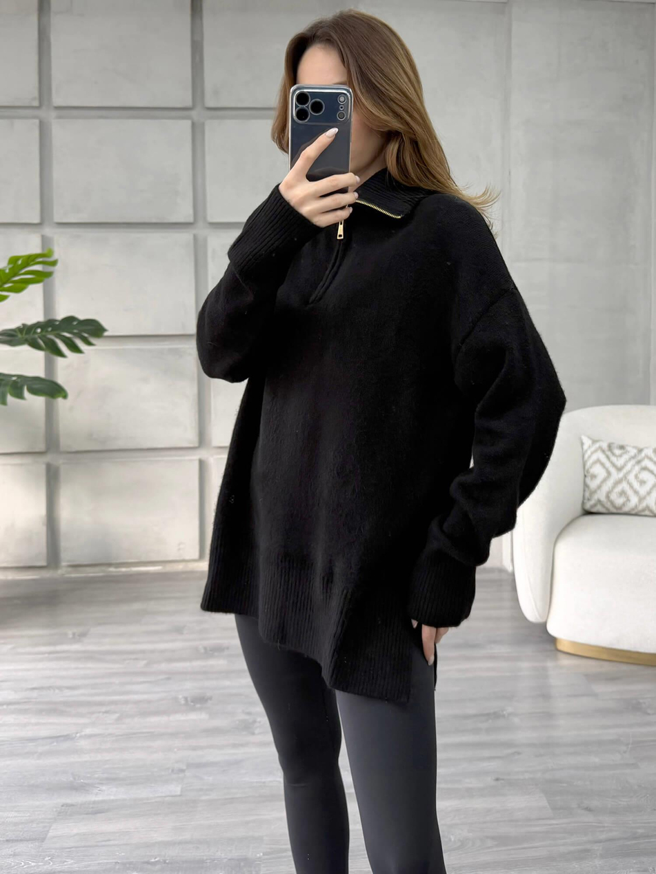 Balon Kol Yarım Fermuarlı Kazak 75307 SiyahCoral