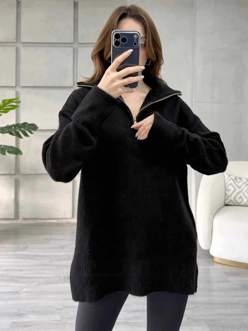 Balon Kol Yarım Fermuarlı Kazak 75307 SiyahCoral