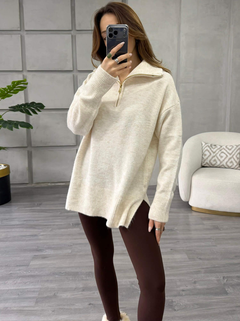 Balon Kol Yarım Fermuarlı Kazak 75307 VanilyaCoral