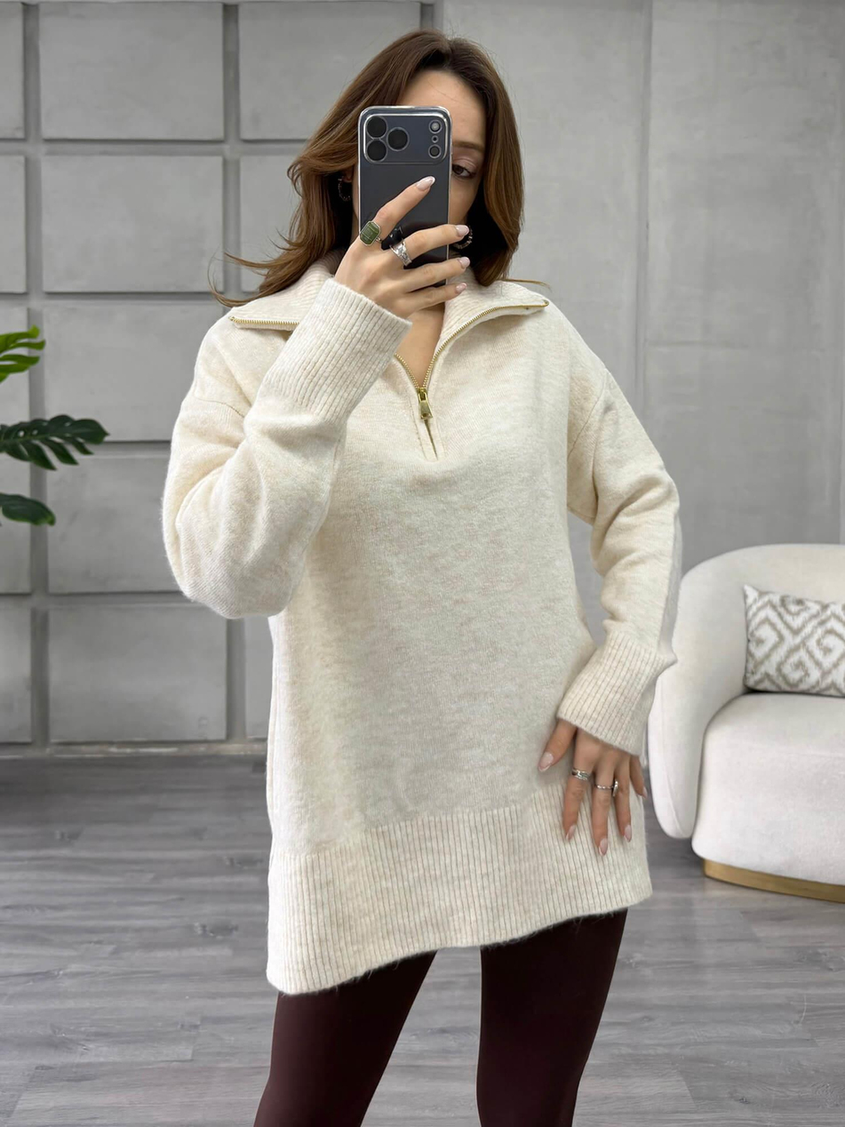 Balon Kol Yarım Fermuarlı Kazak 75307 VanilyaCoral