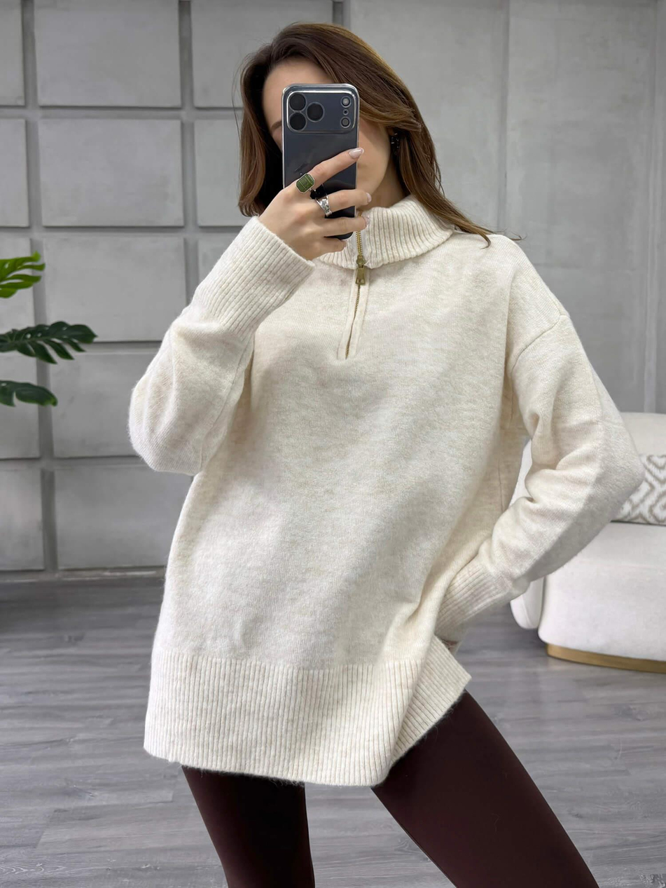 Balon Kol Yarım Fermuarlı Kazak 75307 VanilyaCoral