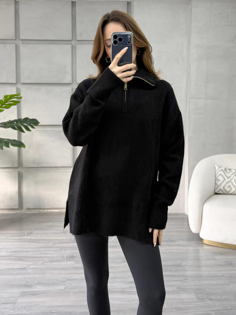 Balon Kol Yarım Fermuarlı Kazak 75307 SiyahCoral