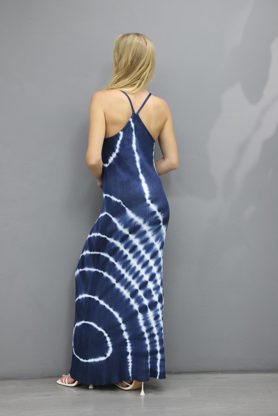 Batik Desen Askılı Elbise Lacivert-Coral