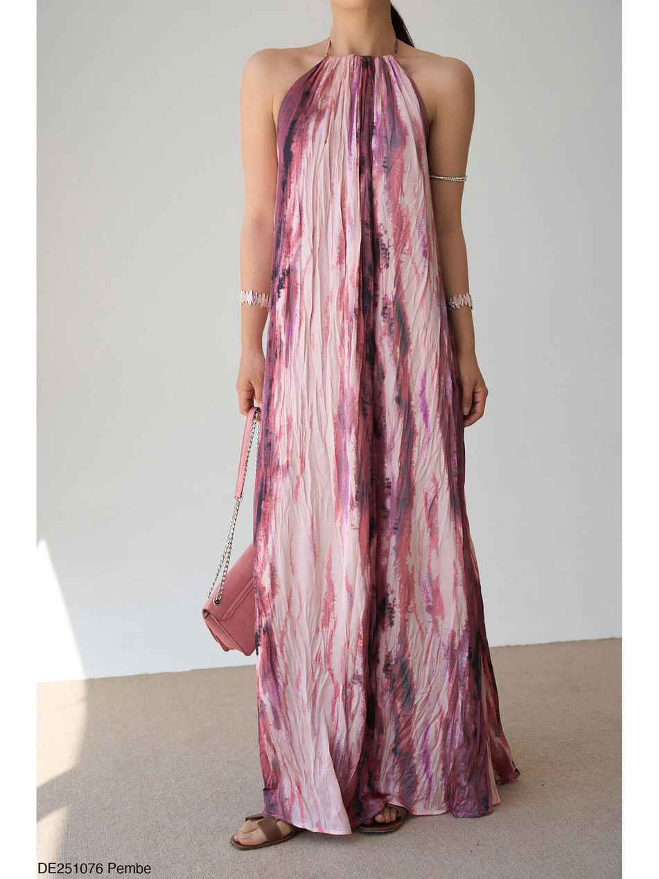 Batik Desenli Sırtı Açık Elbise Pembe-Coral