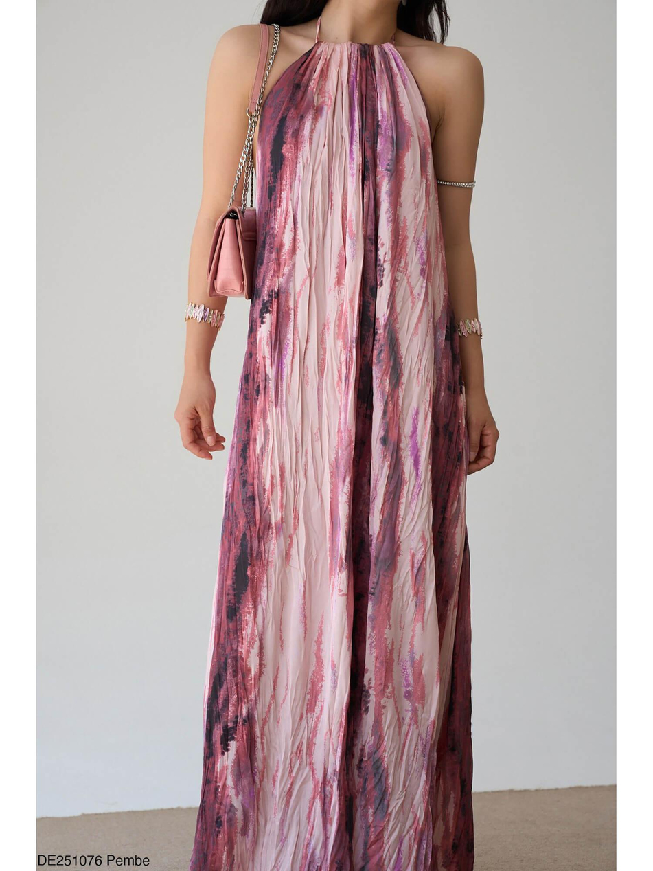 Batik Desenli Sırtı Açık Elbise Pembe-Coral