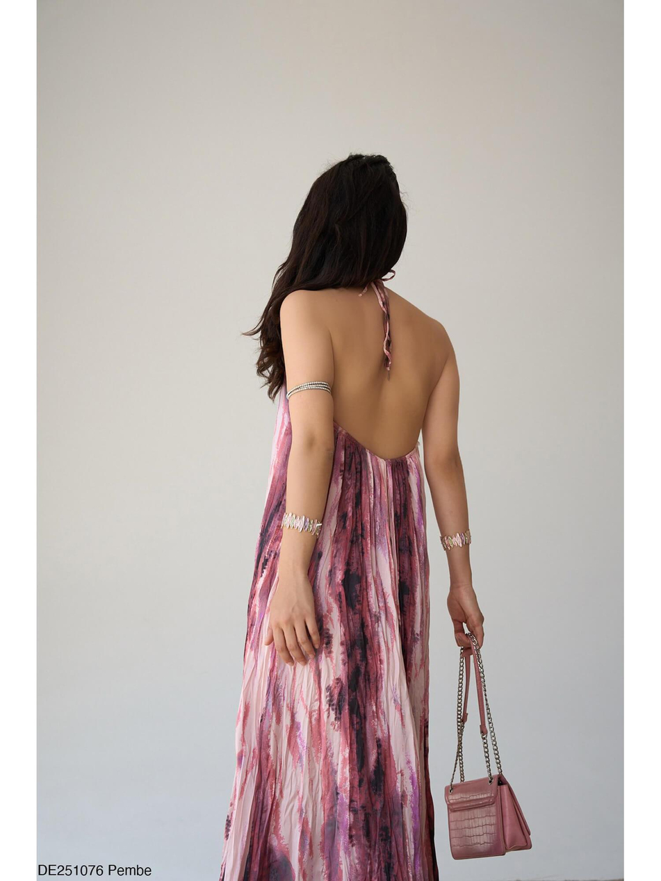 Batik Desenli Sırtı Açık Elbise Pembe-Coral
