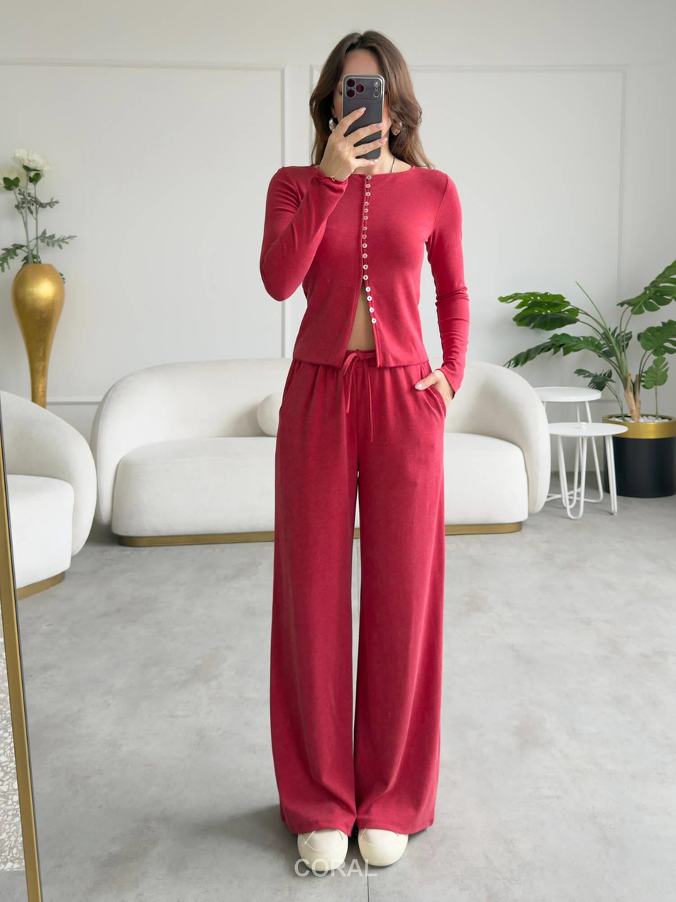 Beli Bağcıklı Bol Örme Pantolon 19034 KırmızıCoral