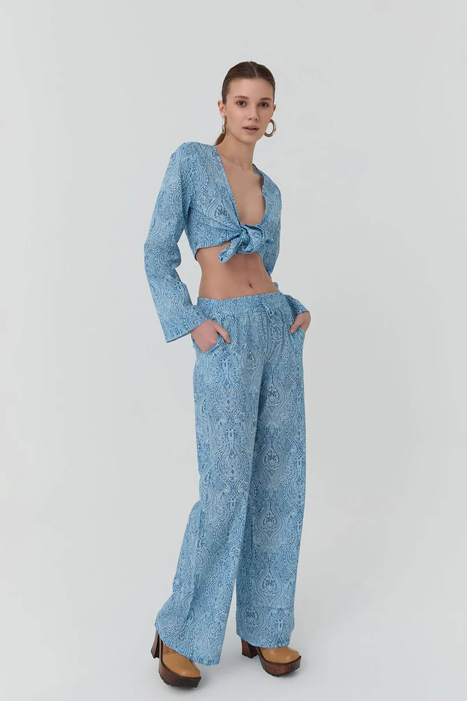 Beli Bağcıklı Desenli Bol Pantolon Mavi-Coral