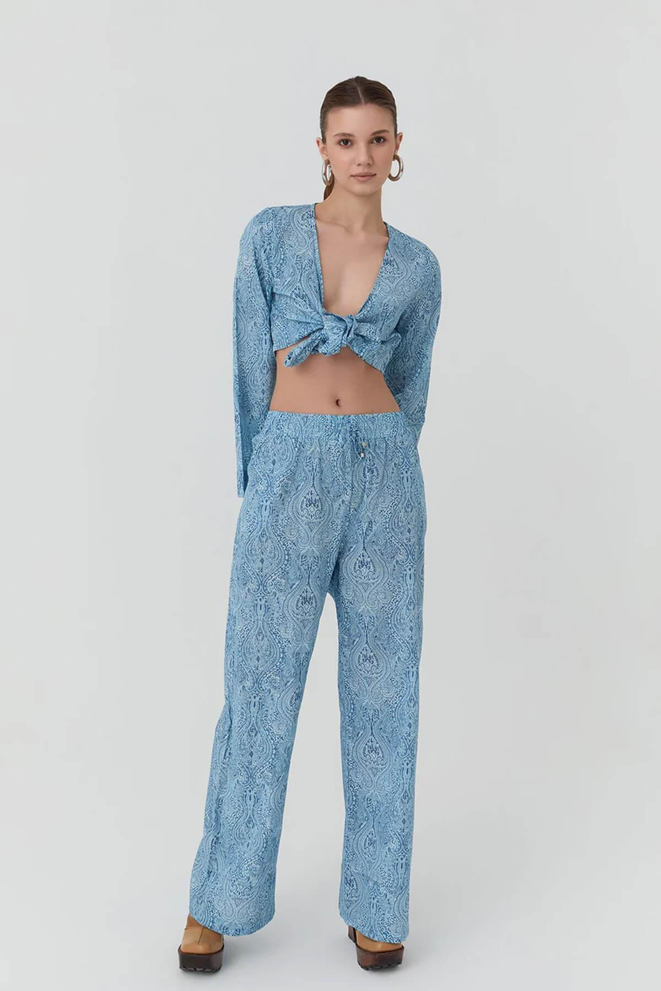 Beli Bağcıklı Desenli Bol Pantolon Mavi-Coral