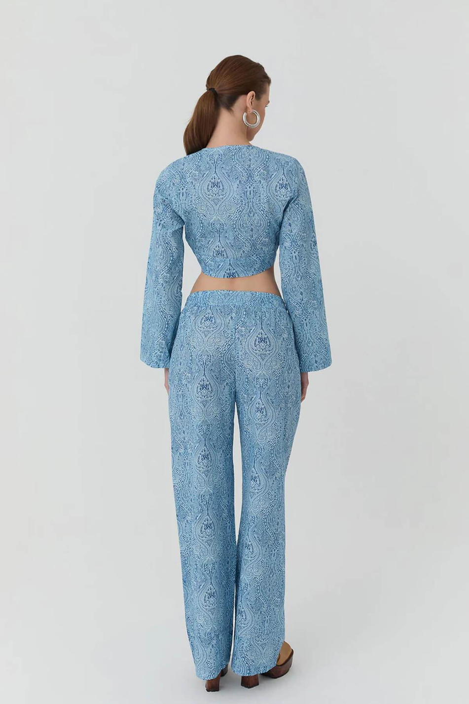 Beli Bağcıklı Desenli Bol Pantolon Mavi-Coral