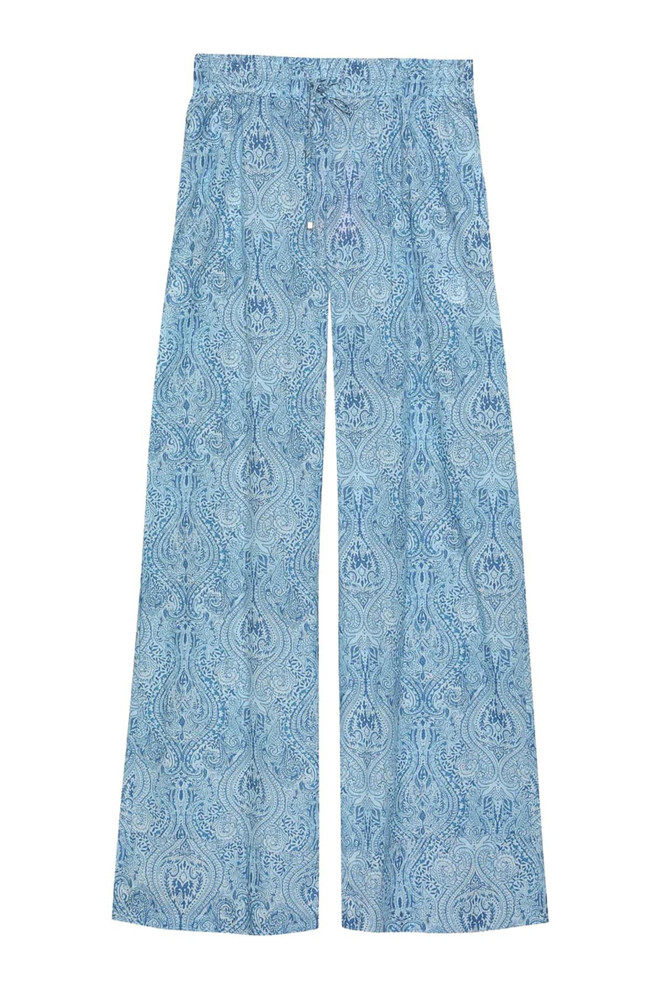 Beli Bağcıklı Desenli Bol Pantolon Mavi-Coral