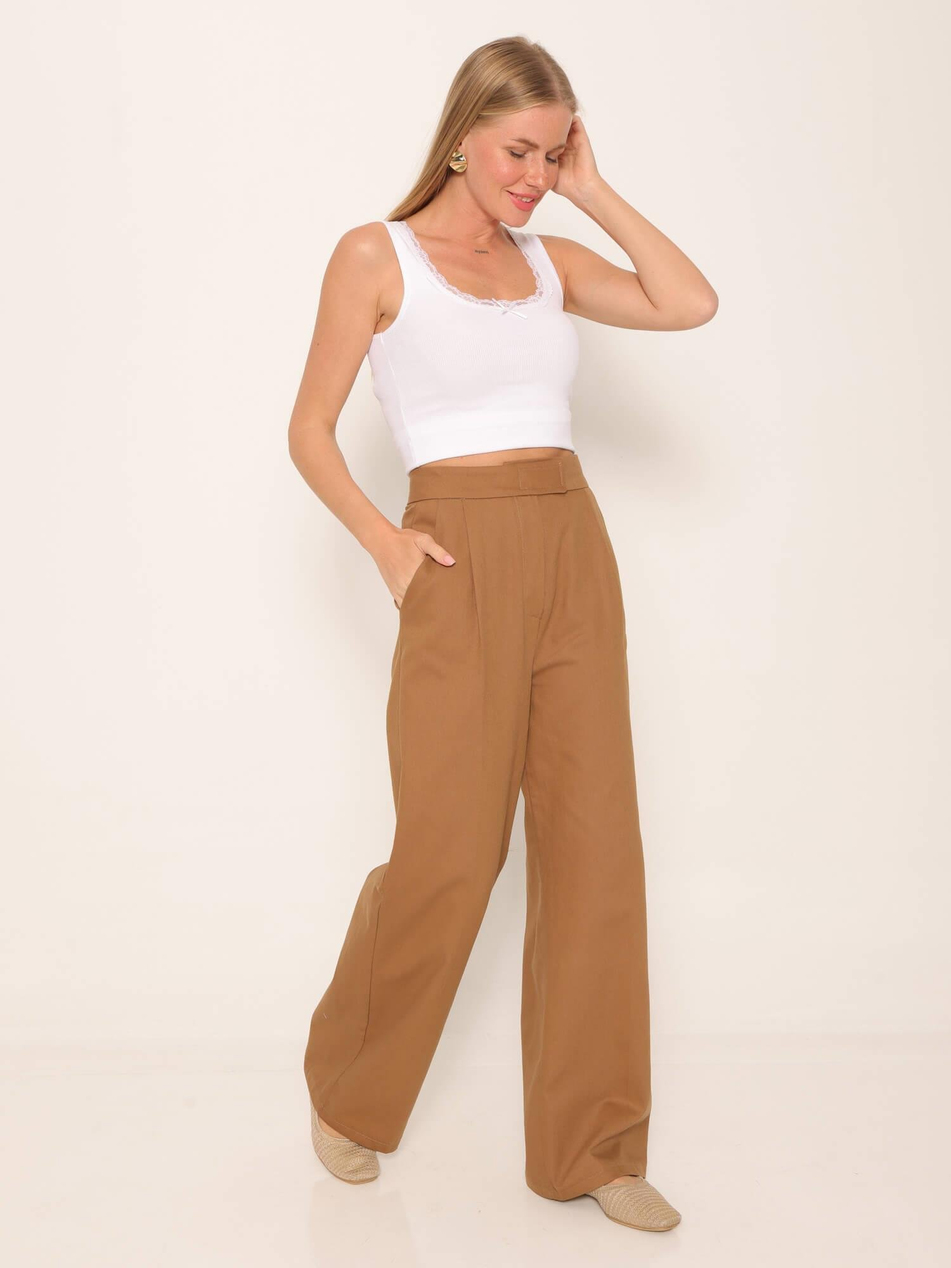 Beli Çıtçıtlı Yüksek Bel Pantolon Kahve-Coral