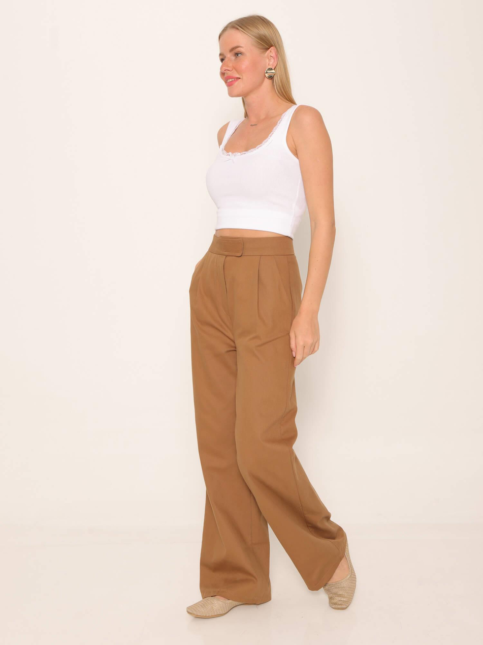 Beli Çıtçıtlı Yüksek Bel Pantolon Kahve-Coral