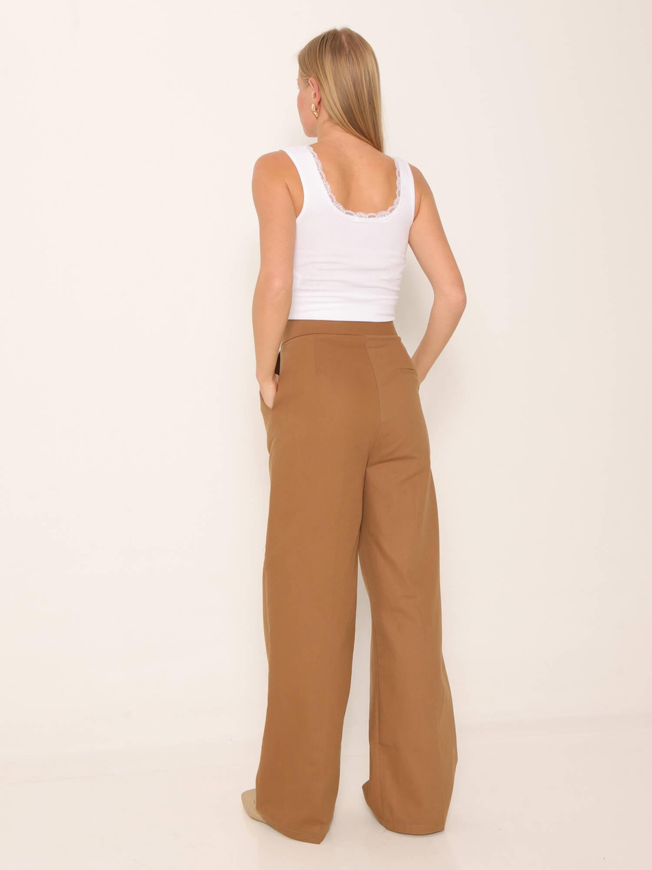 Beli Çıtçıtlı Yüksek Bel Pantolon Kahve-Coral