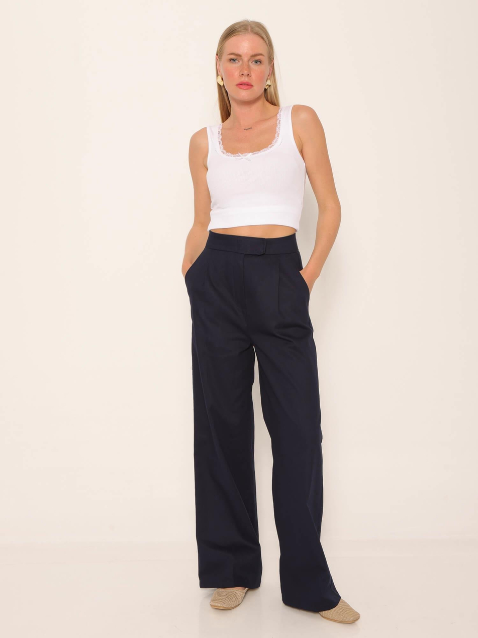 Beli Çıtçıtlı Yüksek Bel Pantolon Lacivert