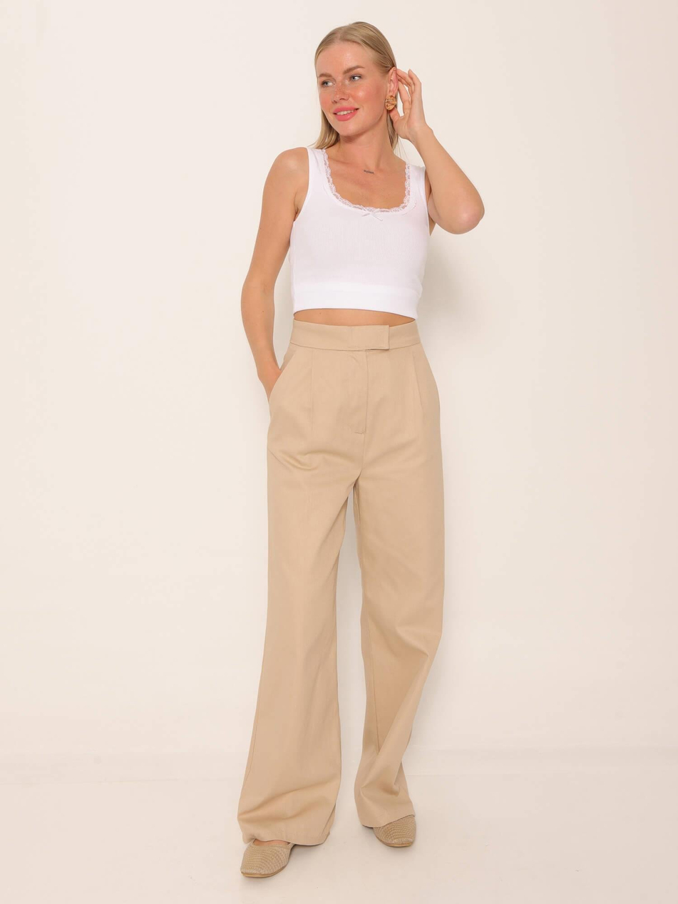 Beli Çıtçıtlı Yüksek Bel Pantolon Vizon