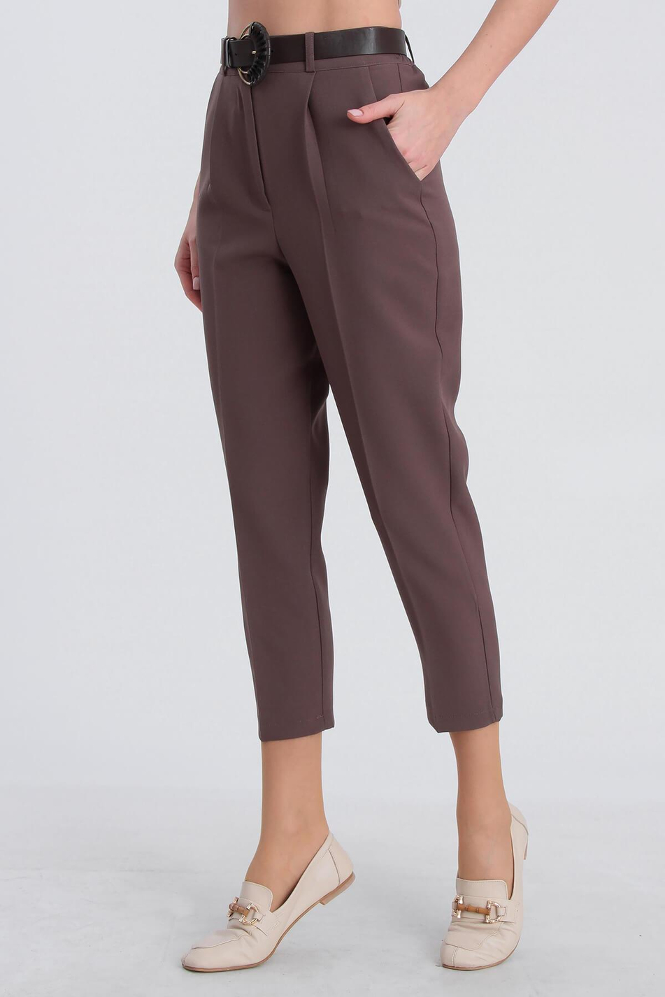 Beli Lastikli Atlas Pantolon Kahve-Coral