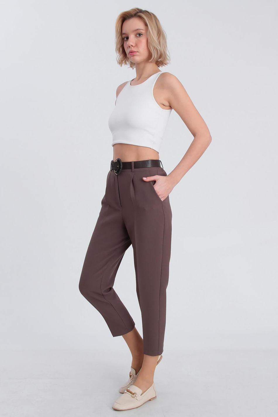 Beli Lastikli Atlas Pantolon Kahve-Coral