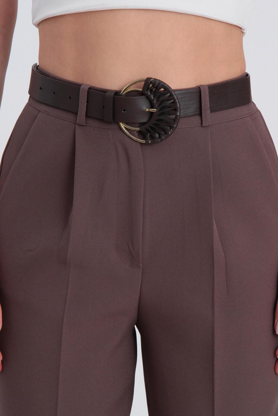 Beli Lastikli Atlas Pantolon Kahve-Coral