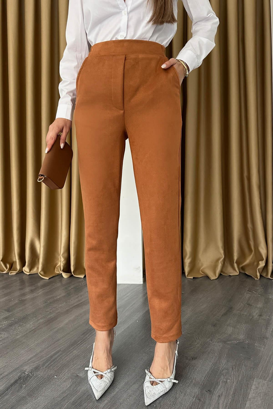 Beli Lastikli Süet Pantolon Taba-Coral