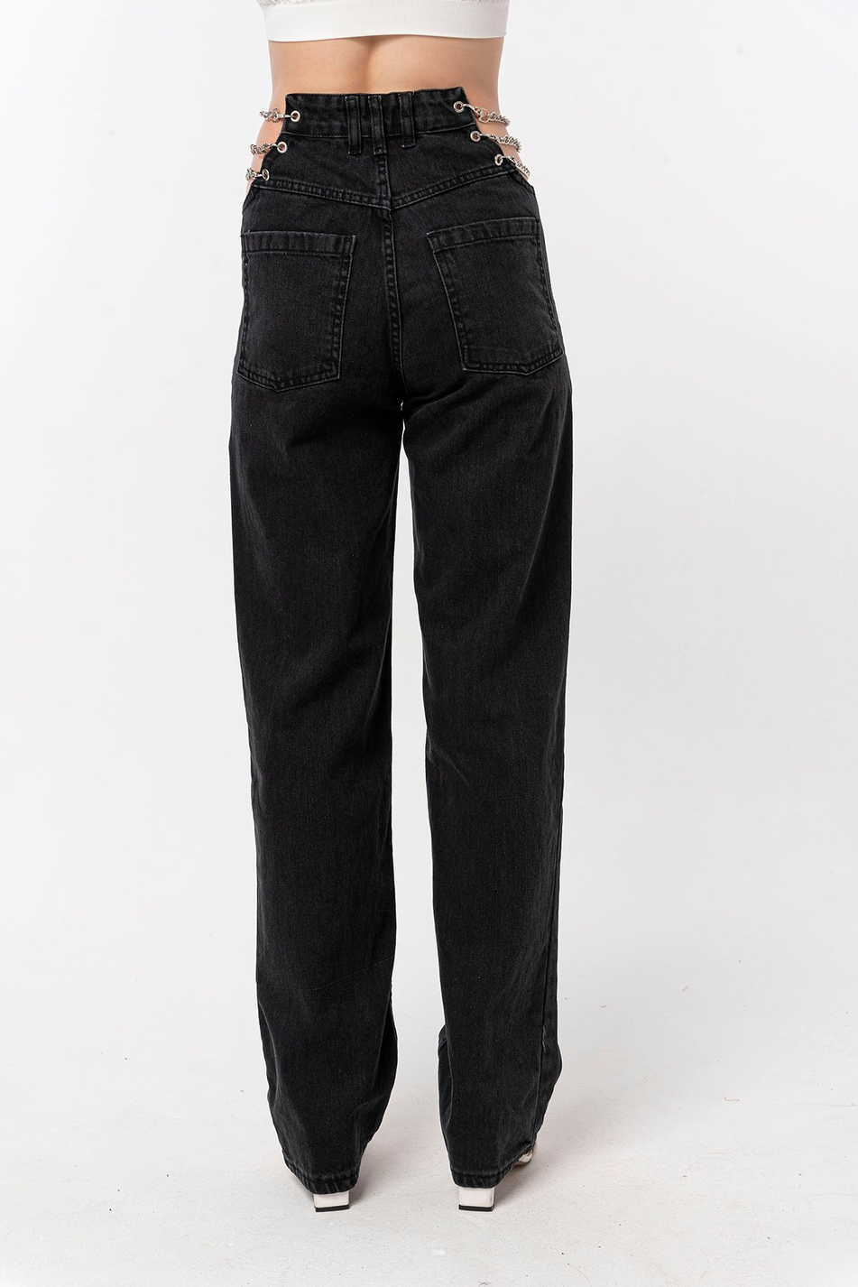 Beli Zincirli Kot Pantolon Siyah-Coral