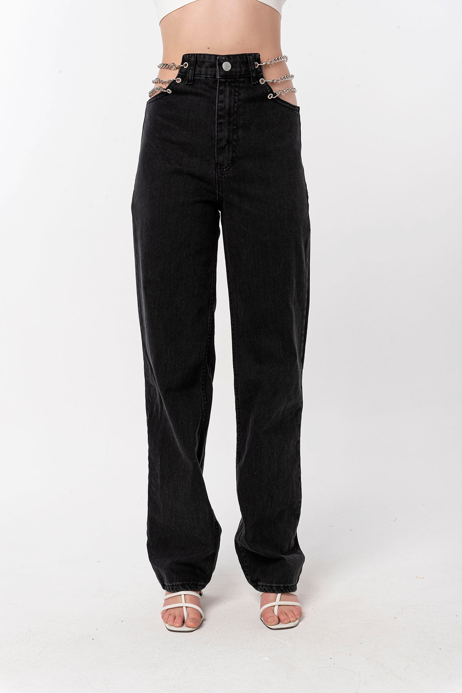Beli Zincirli Kot Pantolon Siyah-Coral
