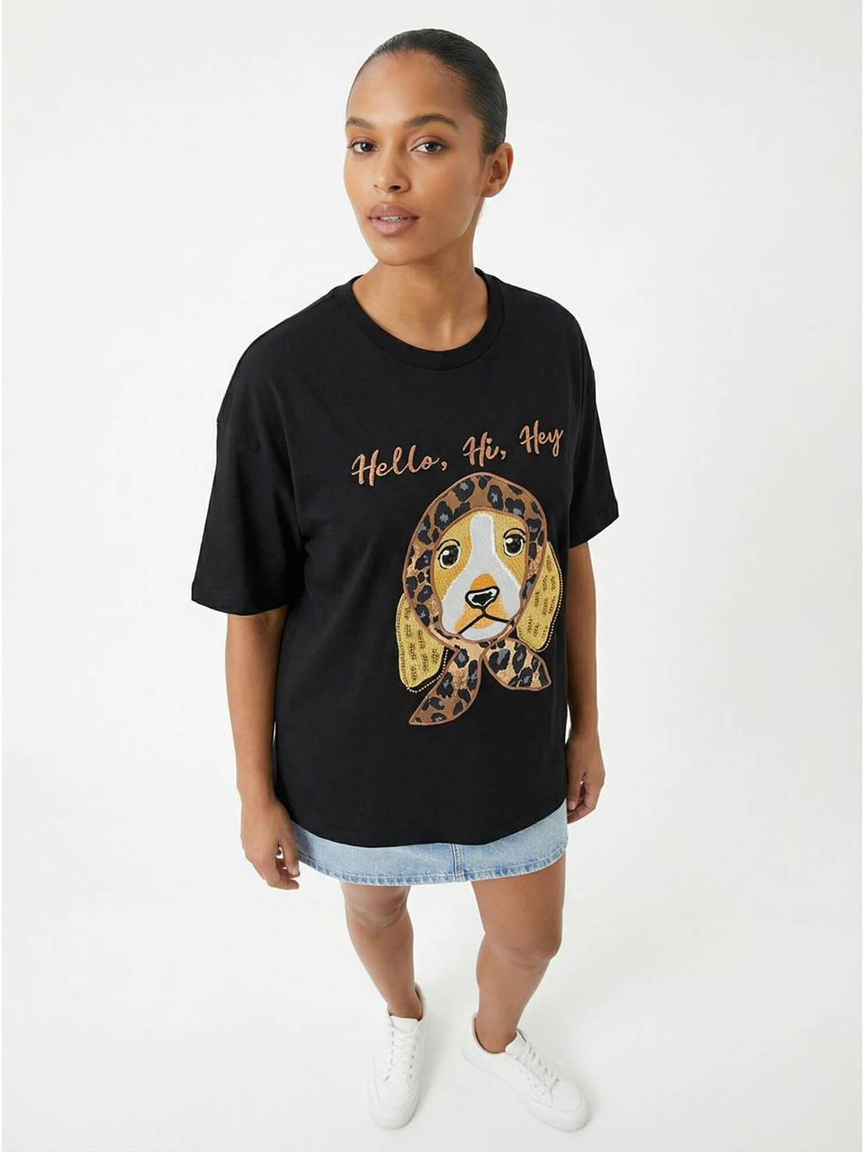 Bereli Köpek Baskılı Tişört 7526 SiyahCoral