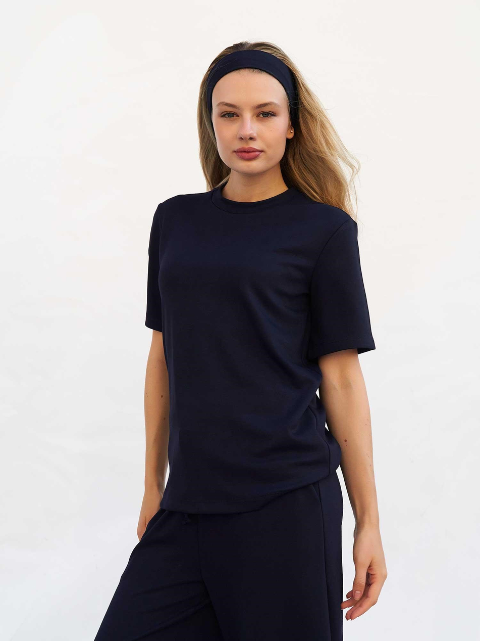 Bisiklet Yaka Oversize Tişört 050803 LacivertCoral