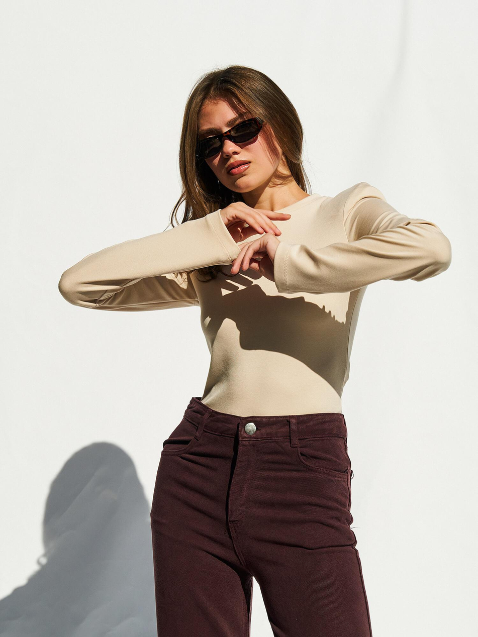 Bisiklet Yaka Vatkalı Bodysuit BejCoral