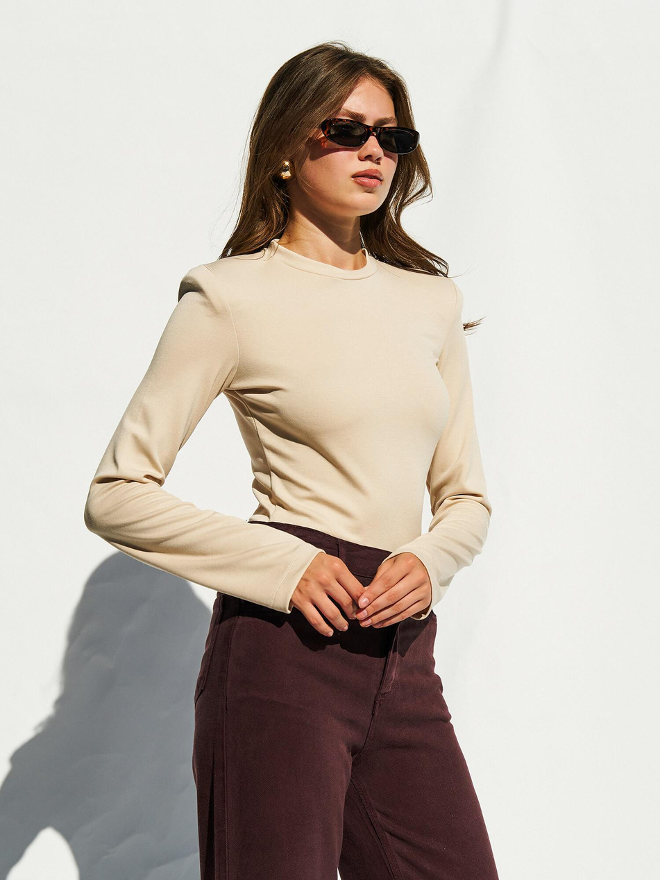 Bisiklet Yaka Vatkalı Bodysuit BejCoral