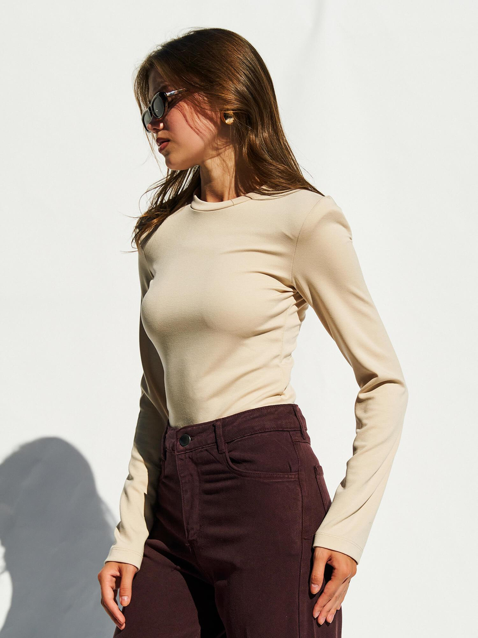 Bisiklet Yaka Vatkalı Bodysuit BejCoral