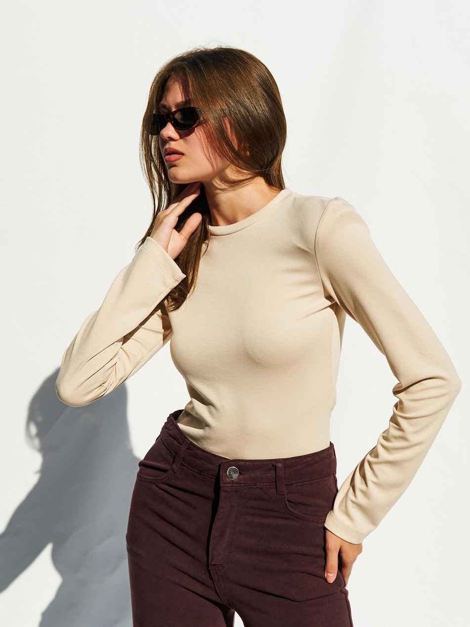 Bisiklet Yaka Vatkalı Bodysuit BejCoral