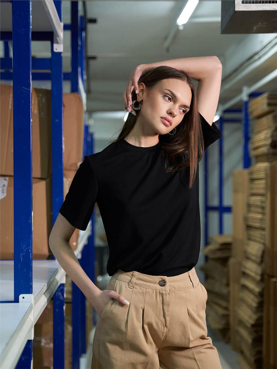 Bisiklet Yakalı Oversize Tshırt Siyah-Coral