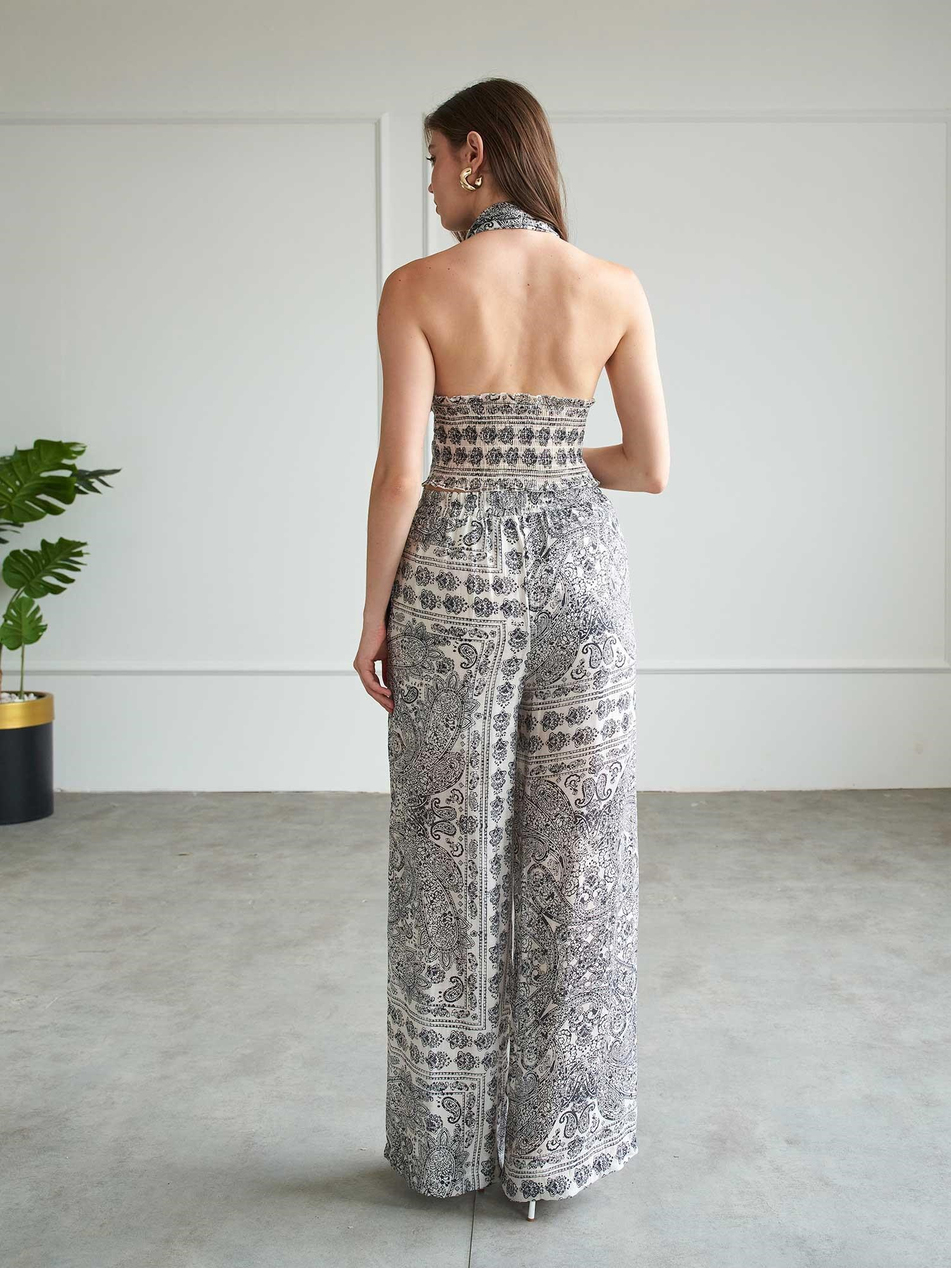 Bohem Desenli Crop Pantolon Takım 220669 LacivertCoral