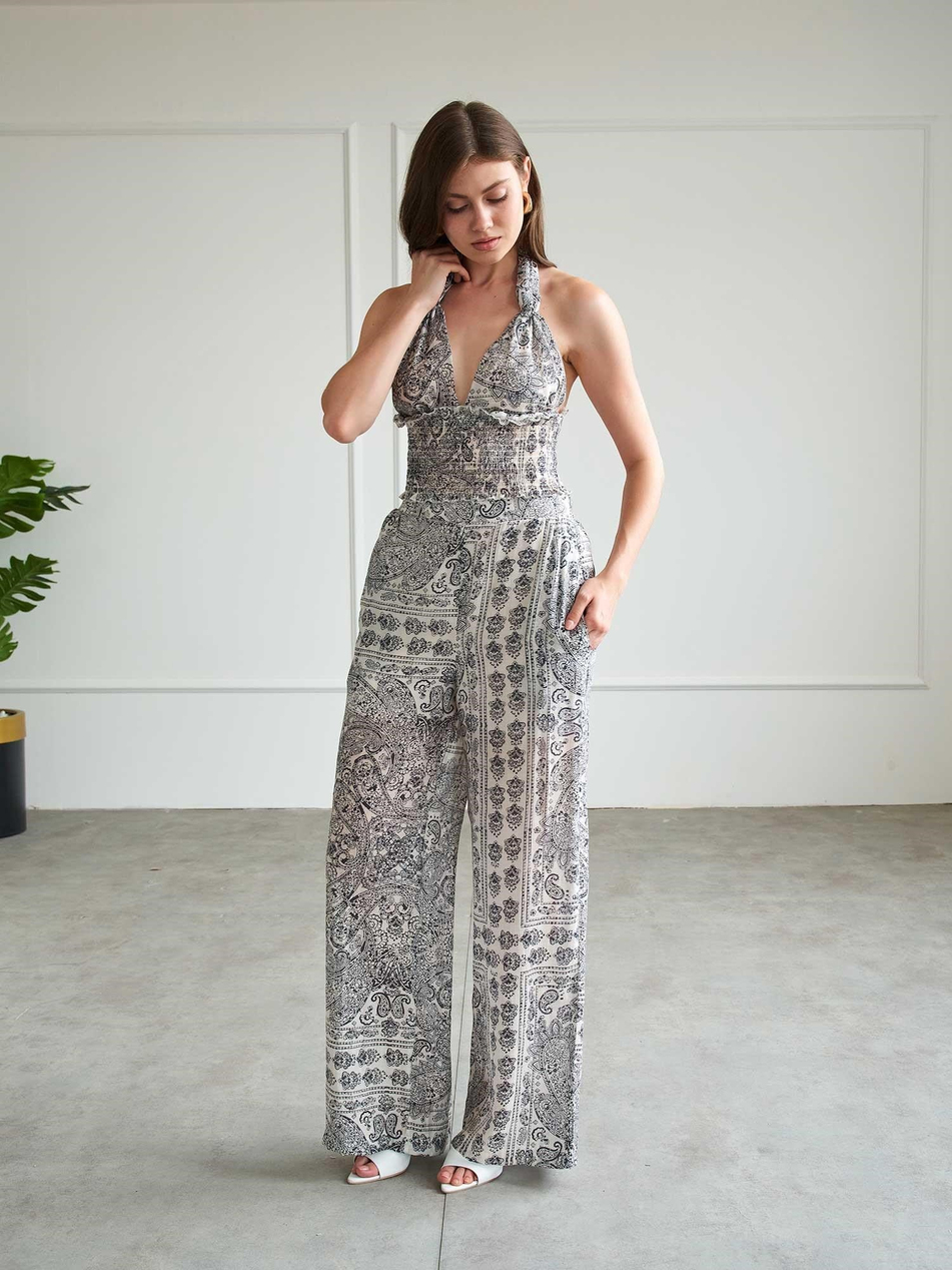 Bohem Desenli Crop Pantolon Takım 220669 LacivertCoral