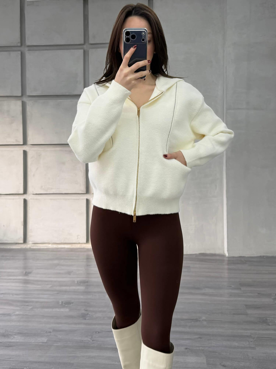 Boncuk Şeritli Kapüşonlu Peluş Hırka 145109 VanilyaCoral