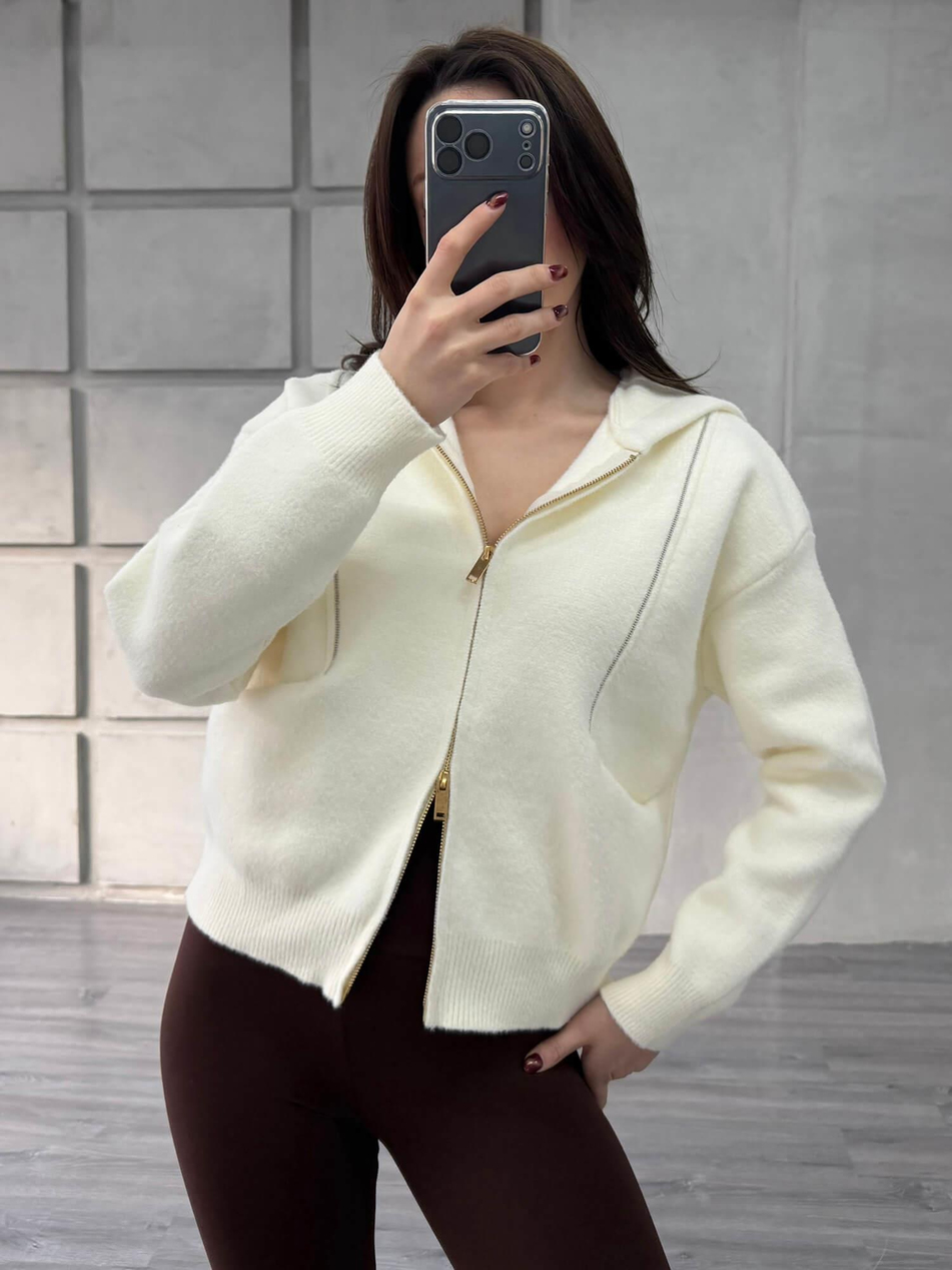 Boncuk Şeritli Kapüşonlu Peluş Hırka 145109 VanilyaCoral