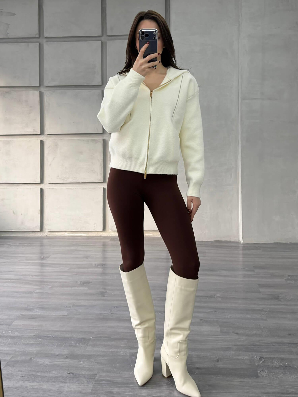 Boncuk Şeritli Kapüşonlu Peluş Hırka 145109 VanilyaCoral