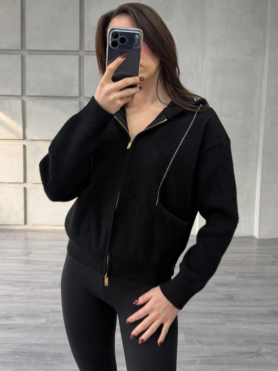 Boncuk Şeritli Kapüşonlu Peluş Hırka 145109 SiyahCoral