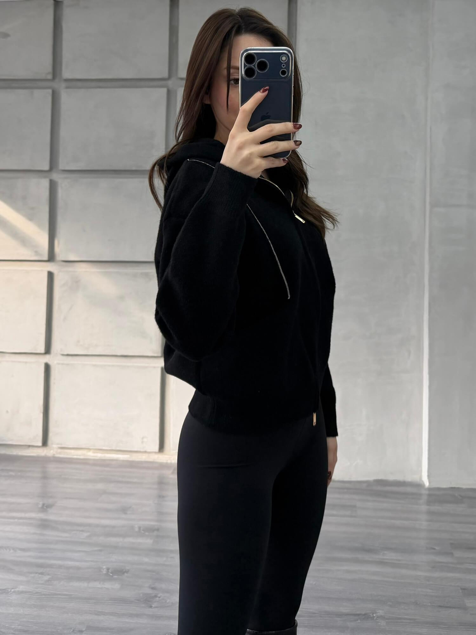 Boncuk Şeritli Kapüşonlu Peluş Hırka 145109 SiyahCoral