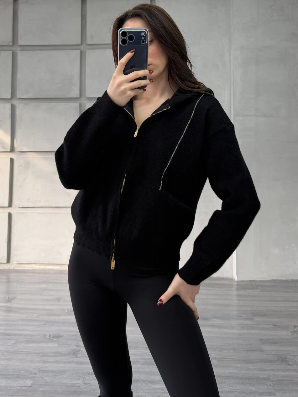 Boncuk Şeritli Kapüşonlu Peluş Hırka 145109 SiyahCoral