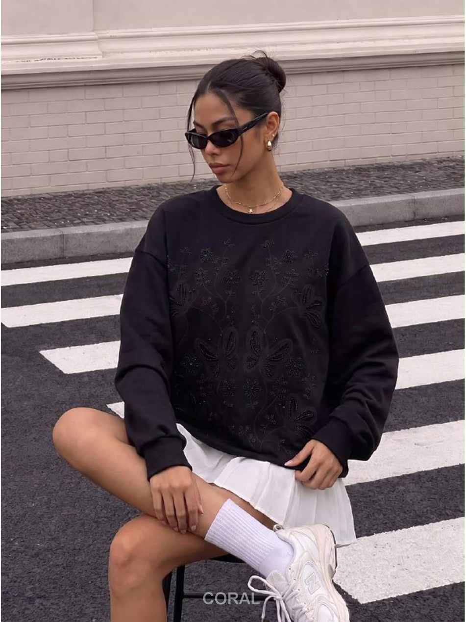 Boncuklu Çiçek İşlemeli Sweatshirt 5947 SiyahCoral