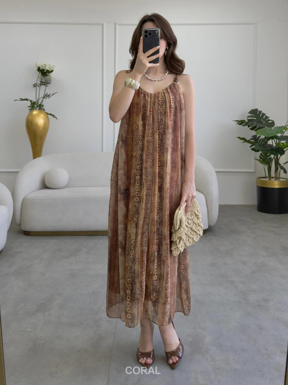 Boncuklu İnce Askılı Desenli Elbise 3466 Camel