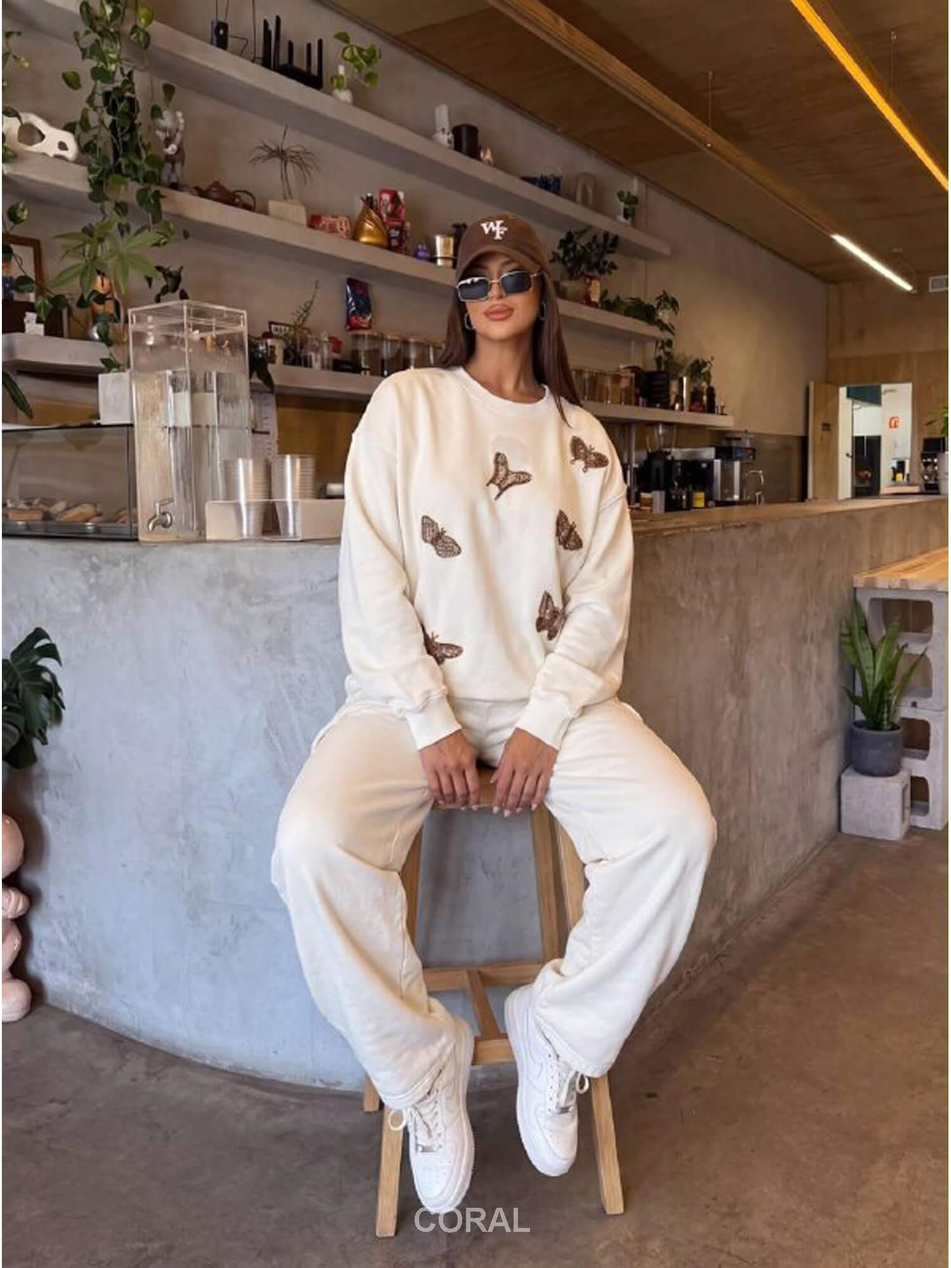 Boncuklu Kelebek İşlemeli Sweatshirt 5966 BeyazCoral
