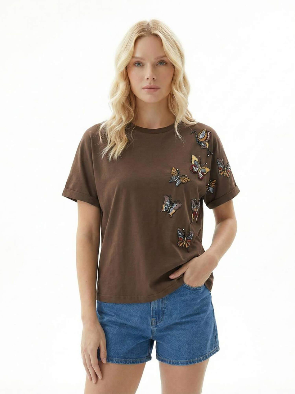 Boncuklu Kelebek İşlemeli Tişört 7438 KahveCoral