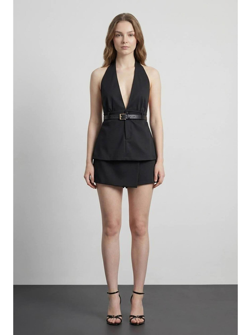 Boyun Askılı Kemerli Bluz Blz01475 SiyahCoral