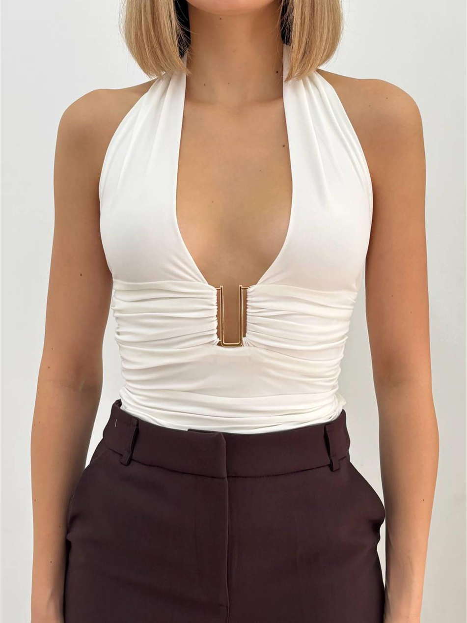 Boyun Bağlamalı Aksesuarlı Büzgülü Bluz 20069 BeyazCoral