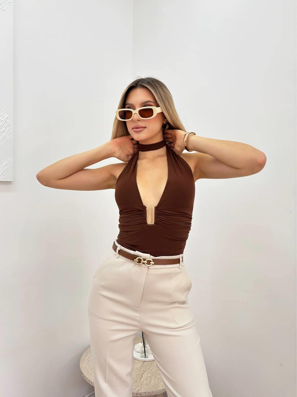 Boyun Bağlamalı Aksesuarlı Büzgülü Bluz 20069 KahveCoral