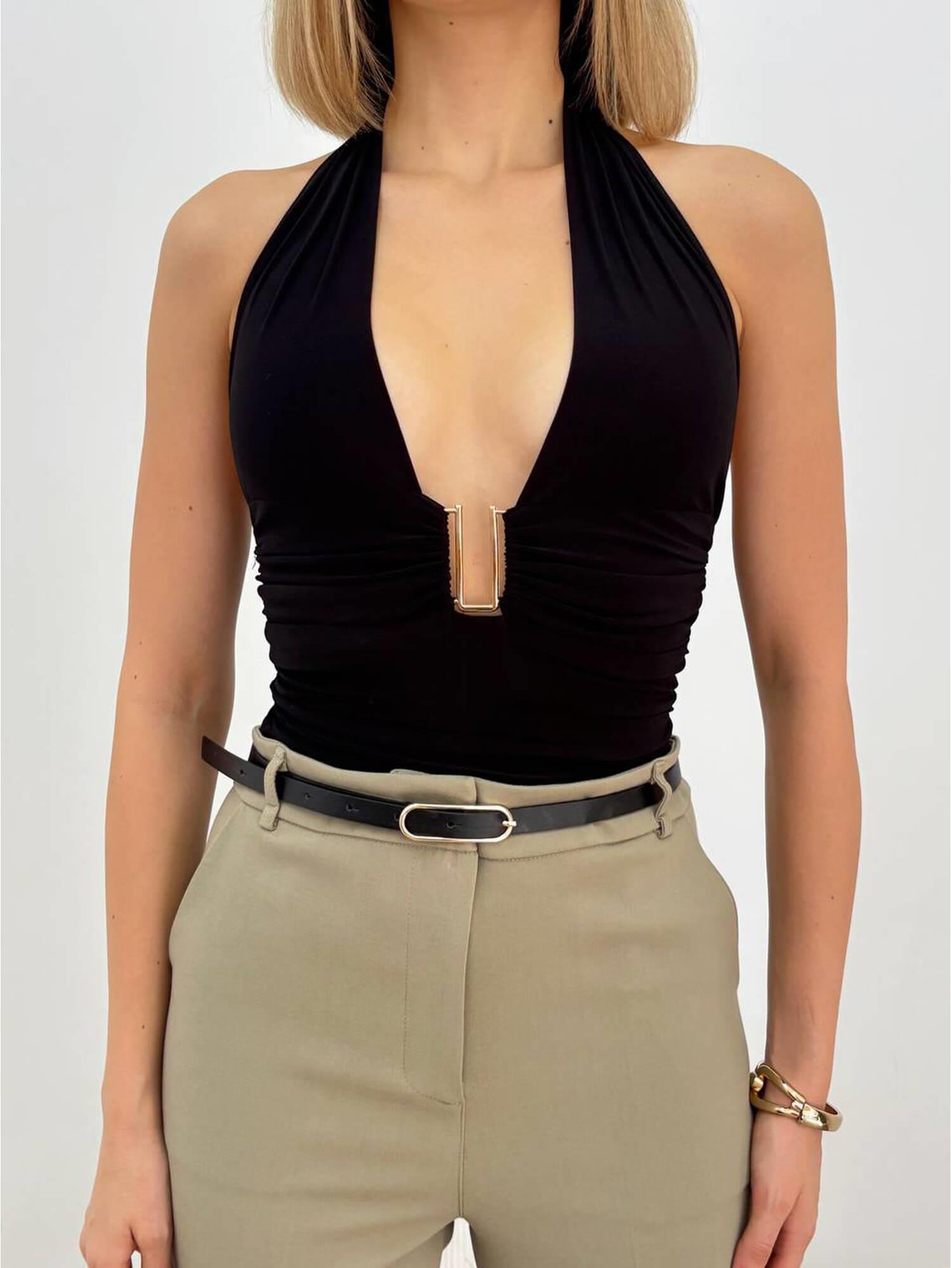 Boyun Bağlamalı Aksesuarlı Büzgülü Bluz 20069 SiyahCoral